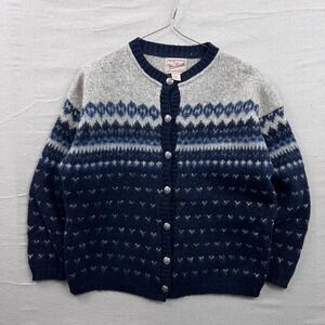 Woolrich Cardigan Womens M Navy Blue Fair Isle Wool Blend Button Front USA Made